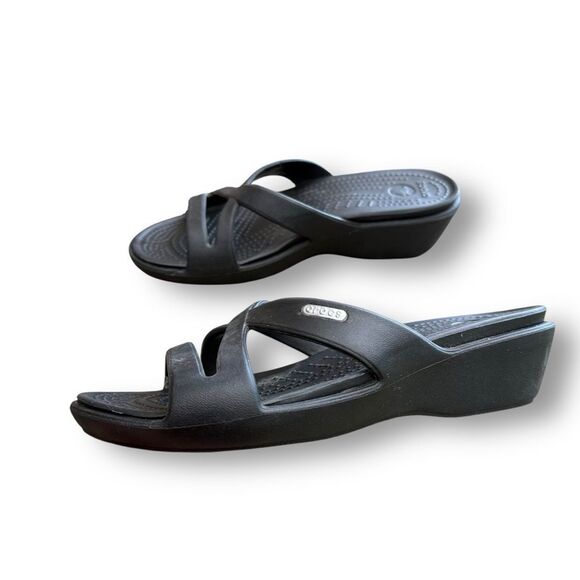Crocs Patricia Black Criss Cross Wedge Sandals Women's Size 7 - Picture 8 of 12
